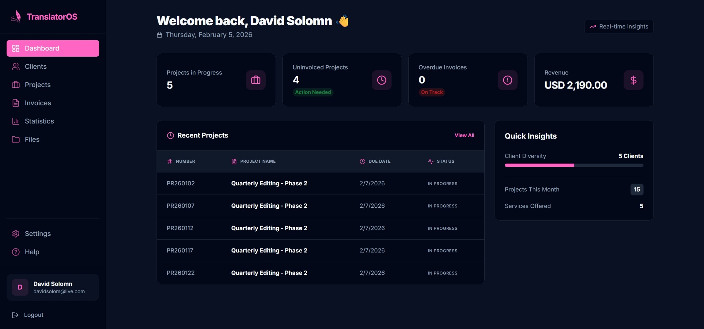 TranslatorOS Main Dashboard Interface